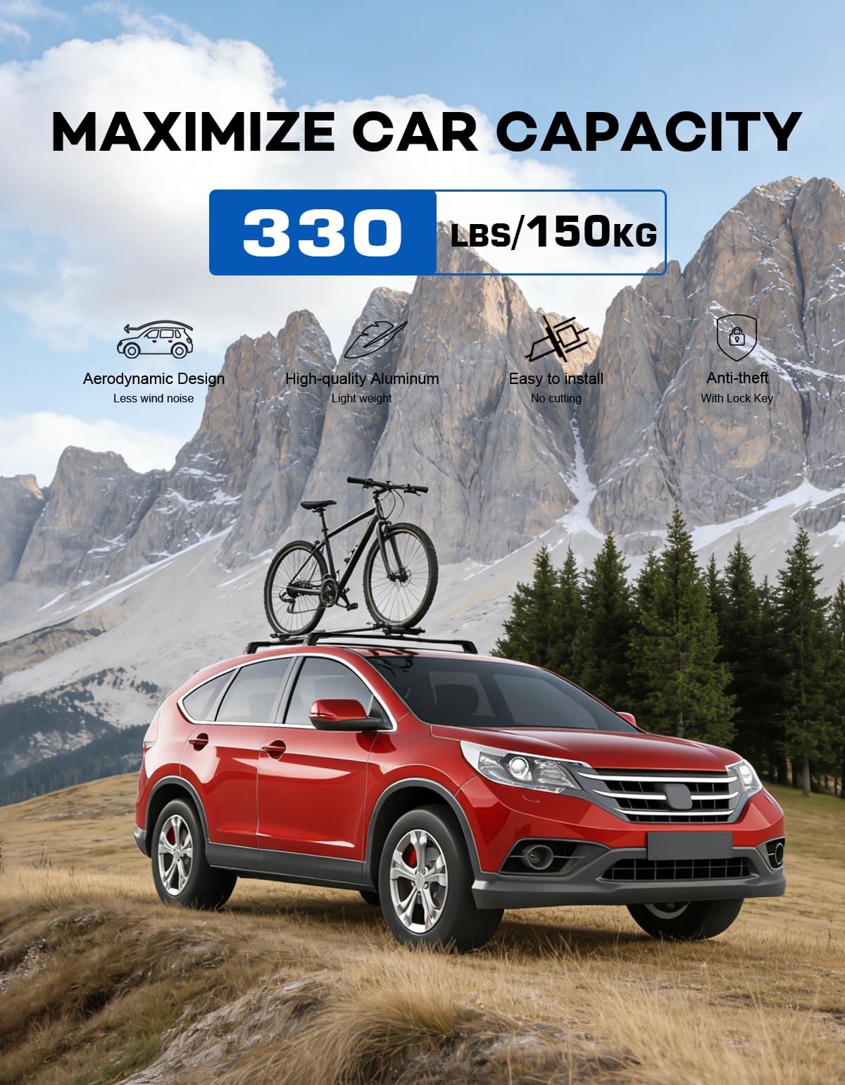Die-cast clamp and 2mm aluminum crossbars for strong, long-lasting support.