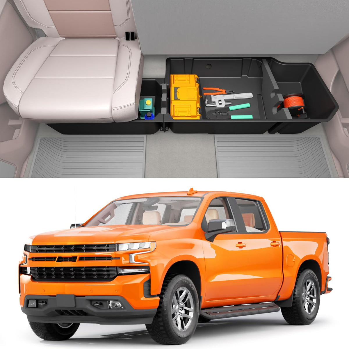 Wonderdriver under seat storage box for Silverado/Sierra back-seat organization and quick access.