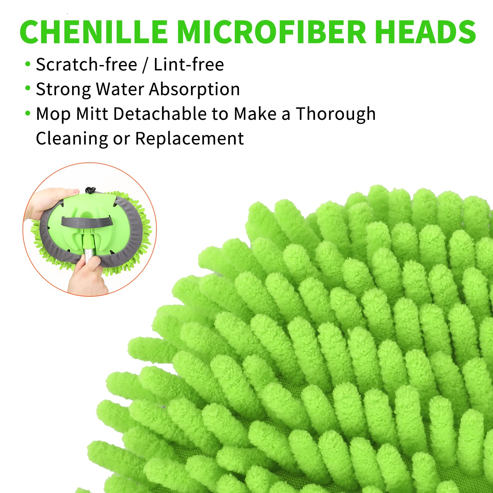 Removable brush head converts to a car wash mitt for versatility.
