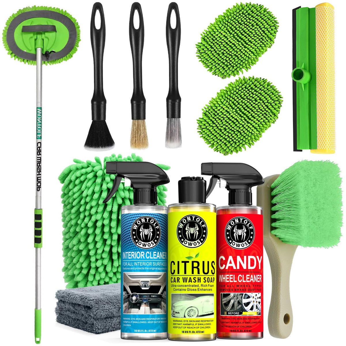 Wontolf car wash kit long-handle brush reaching roof with ease for thorough exterior cleaning