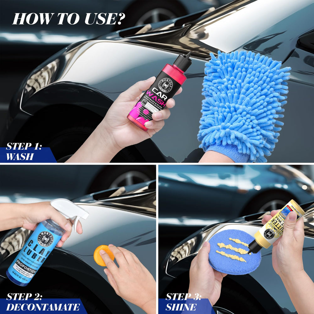 Wontolf clay bar with effervescent lubricant dissolving in spray bottle for slick glide.