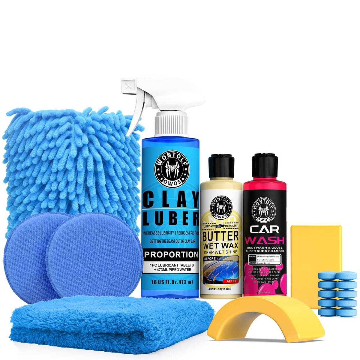 Wontolf complete car clay bar kit components laid out for premium detailing.
