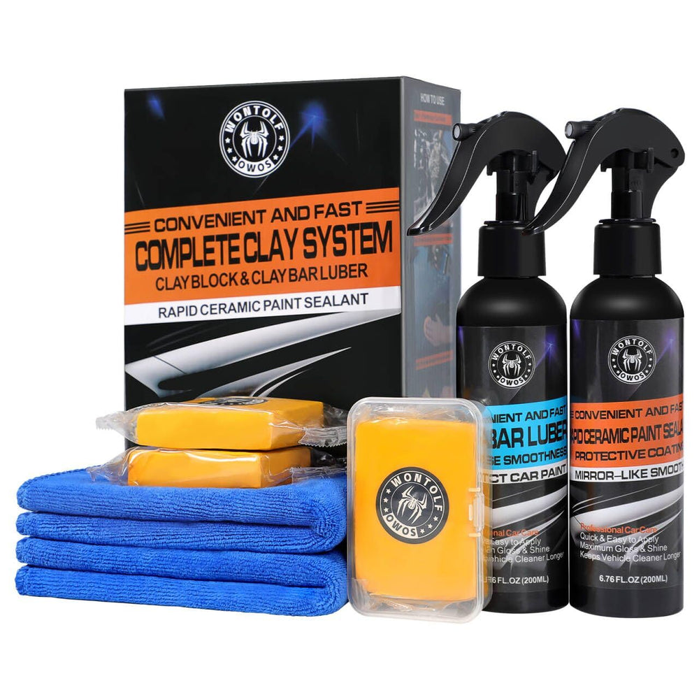 Wontolf heavy-duty car clay bar kit packaging shows a complete detailing set for easy prep.