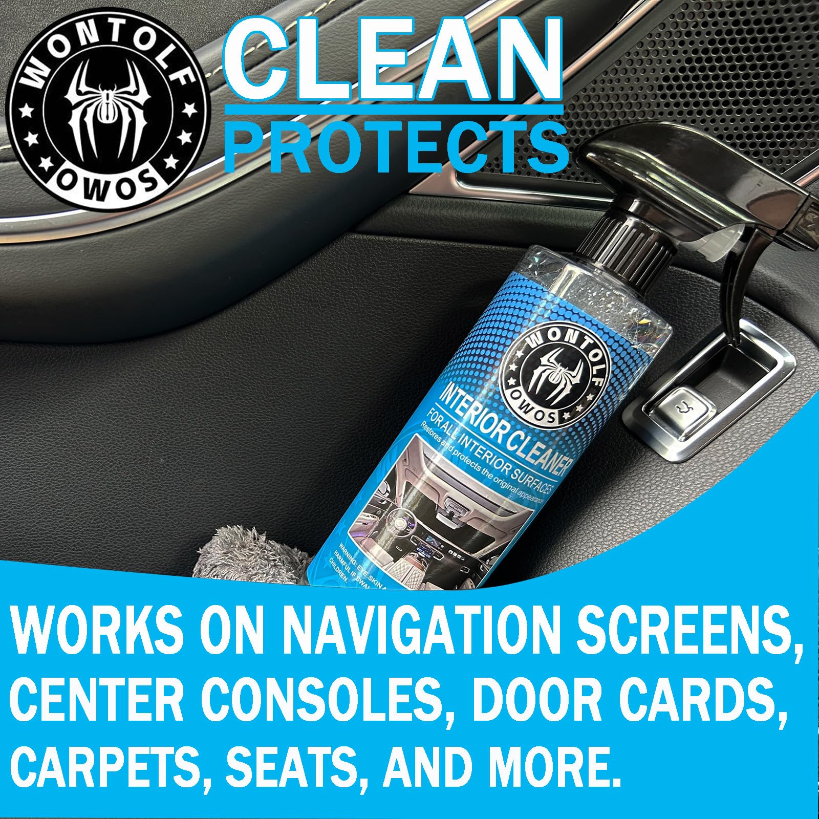 Wontolf Wheel Cleaner bottle demonstrating foaming wheel cleaning.
