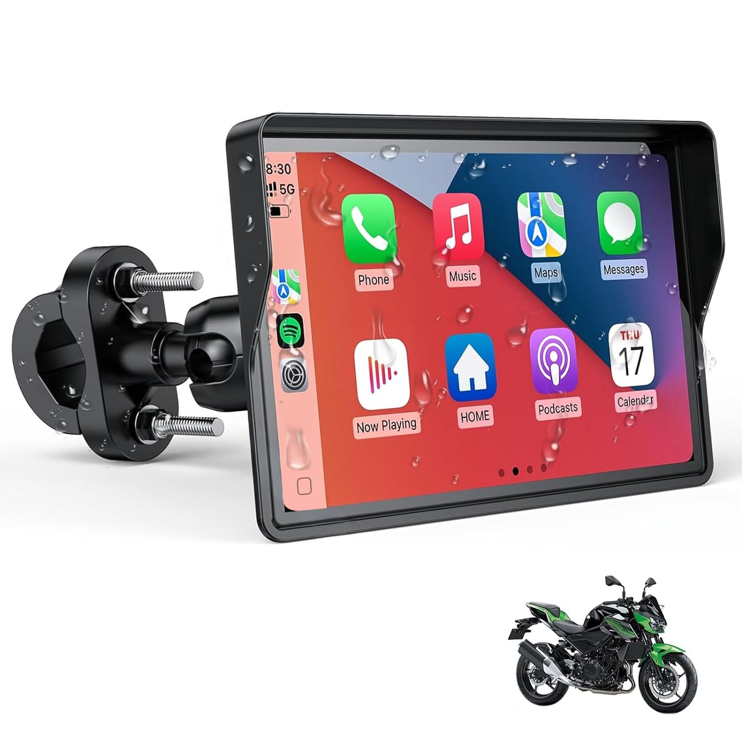 WonVon 7-inch display on motorcycle dashboard enabling wireless CarPlay navigation.