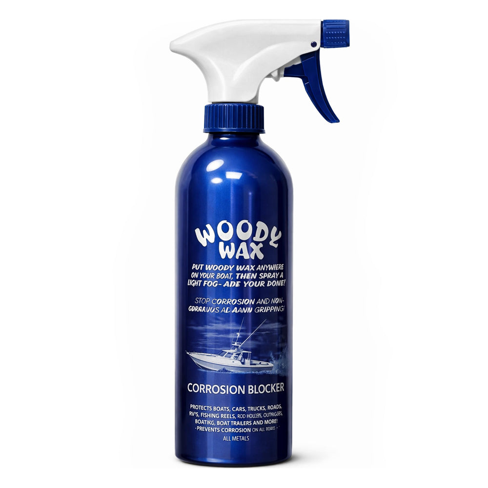 Woody Wax Boat Spray bottle applying non-skid deck protection for safer steps