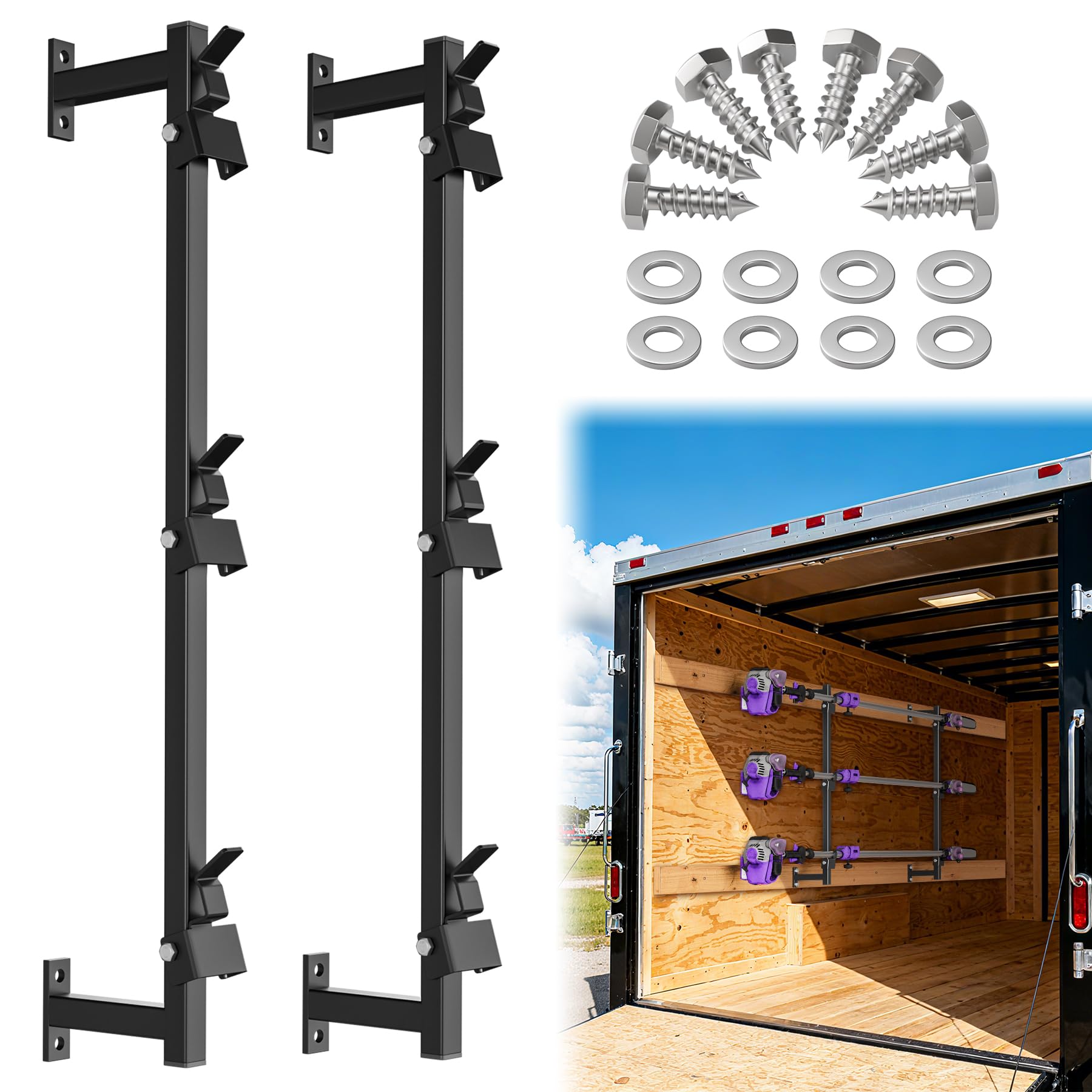 WooFog weed eater rack inside trailer keeps gear organized and accessible.