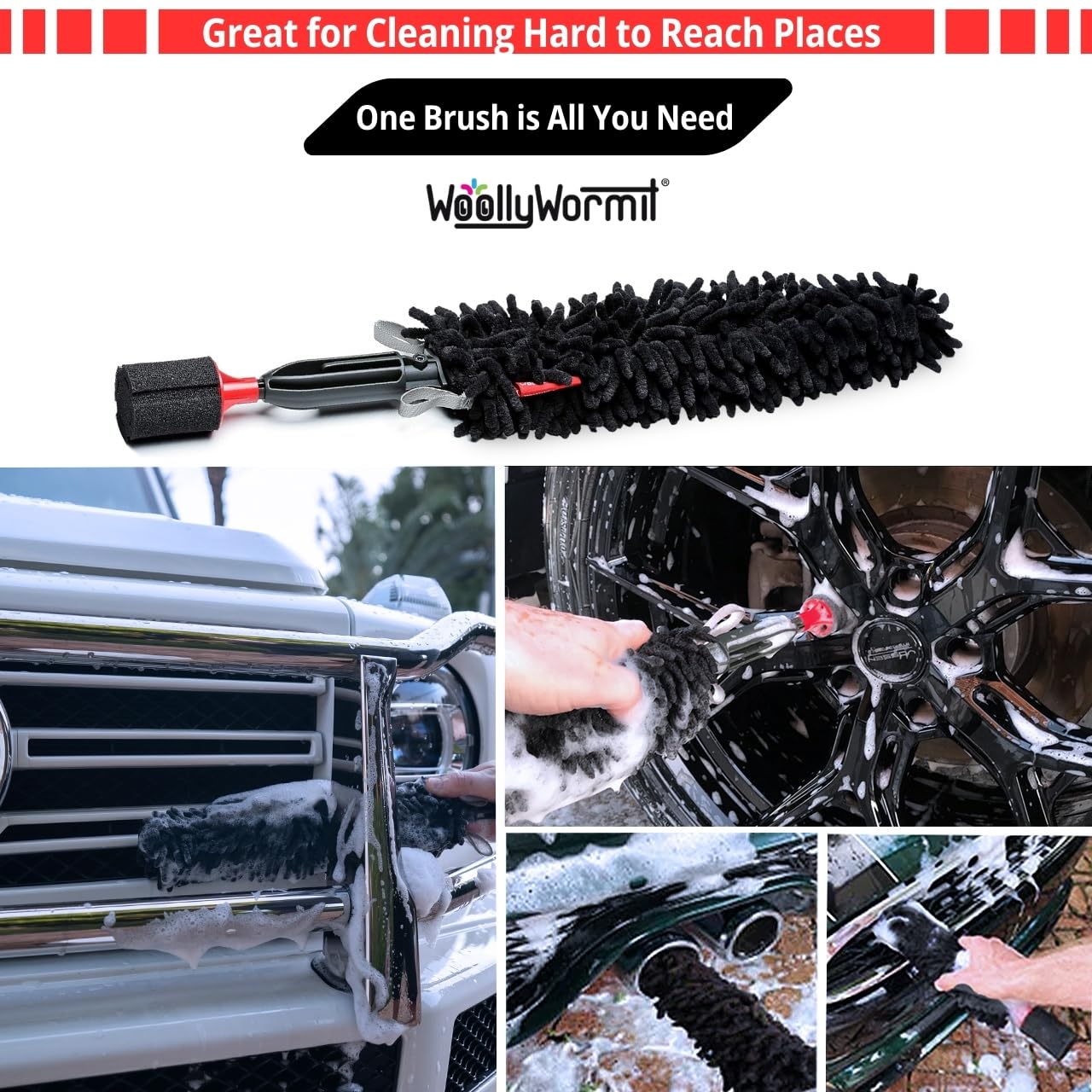 WOOLLYWORMIT handle attachment option extends reach for hard-to-access wheels.