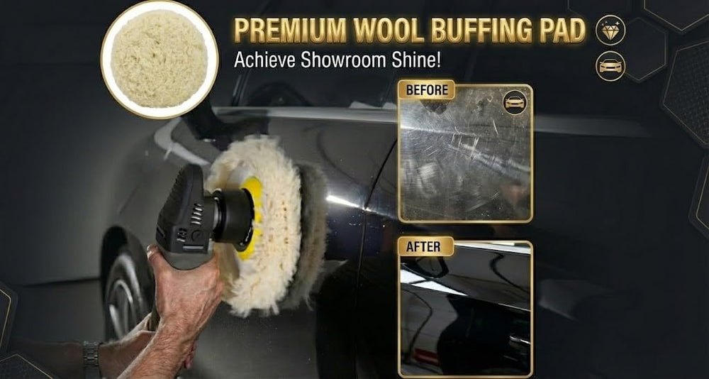 Woolous wool buffing pad 7 Inch on a workspace with polishing compound.