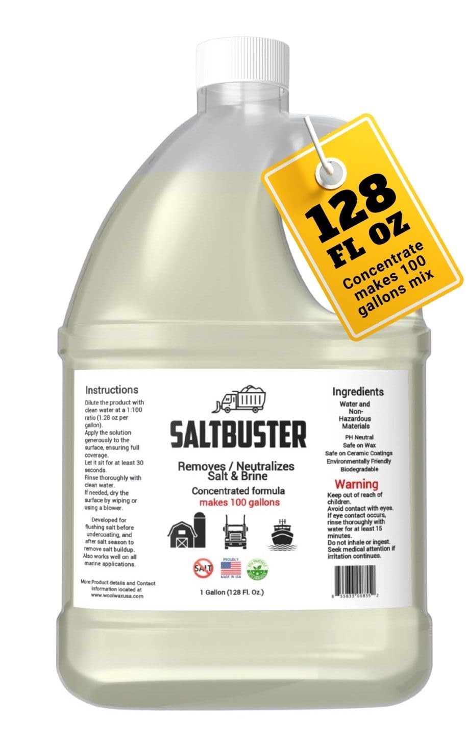 Woolwax SALTBUSTER bottle pour shows easy dilution for salt removal prep.
