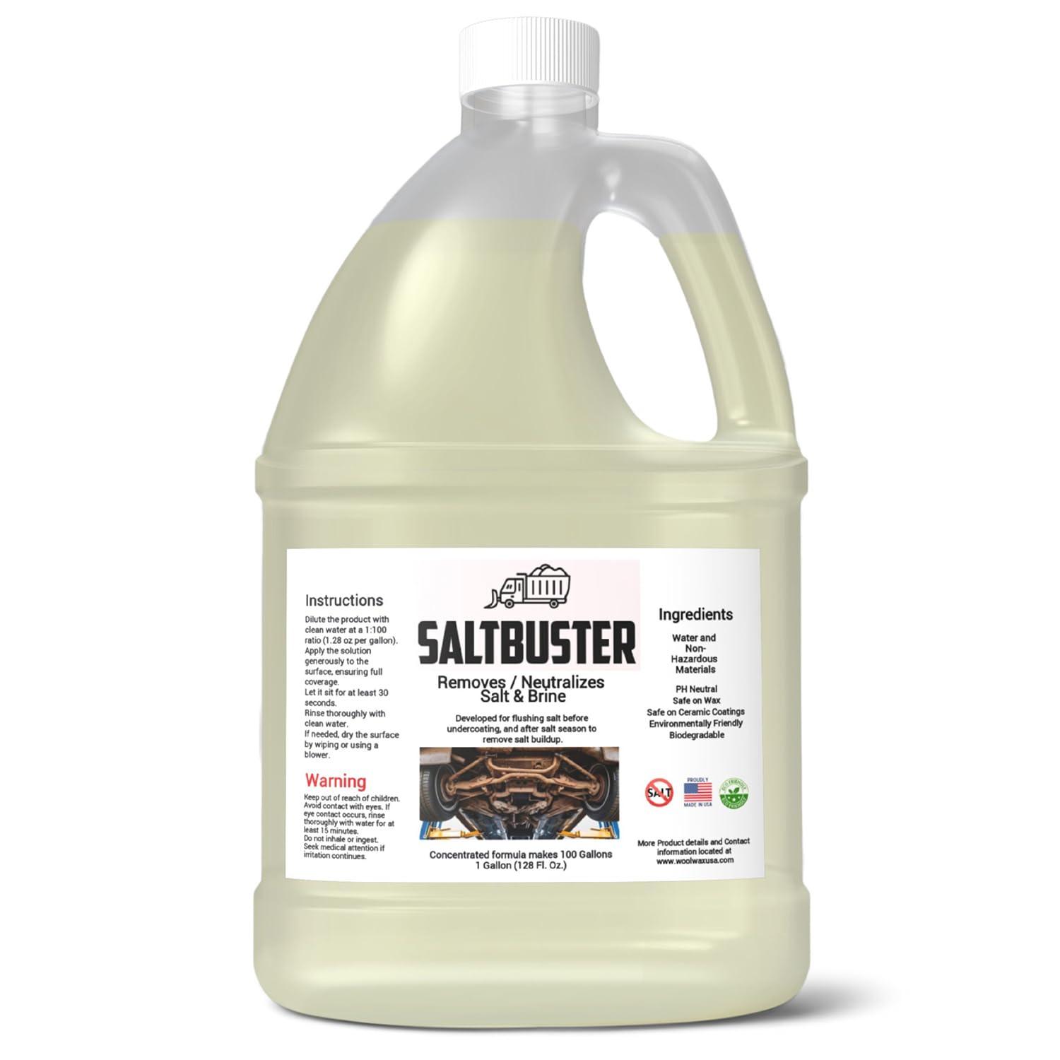 Woolwax SALTBUSTER one-gallon-makes-100 illustrates economical dilution value.