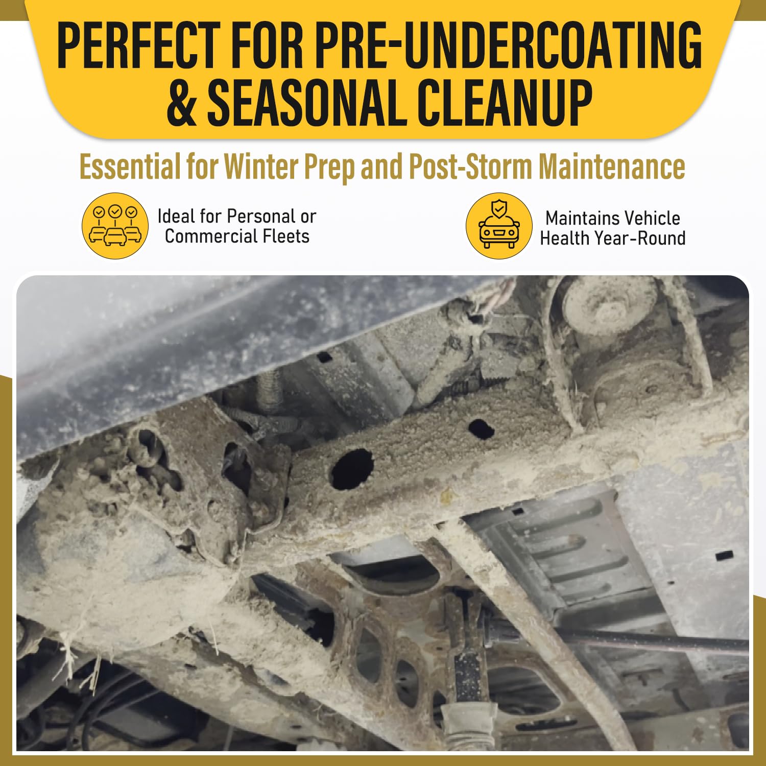Woolwax SALTBUSTER vehicle-wash coverage over a car during underbody cleaning.