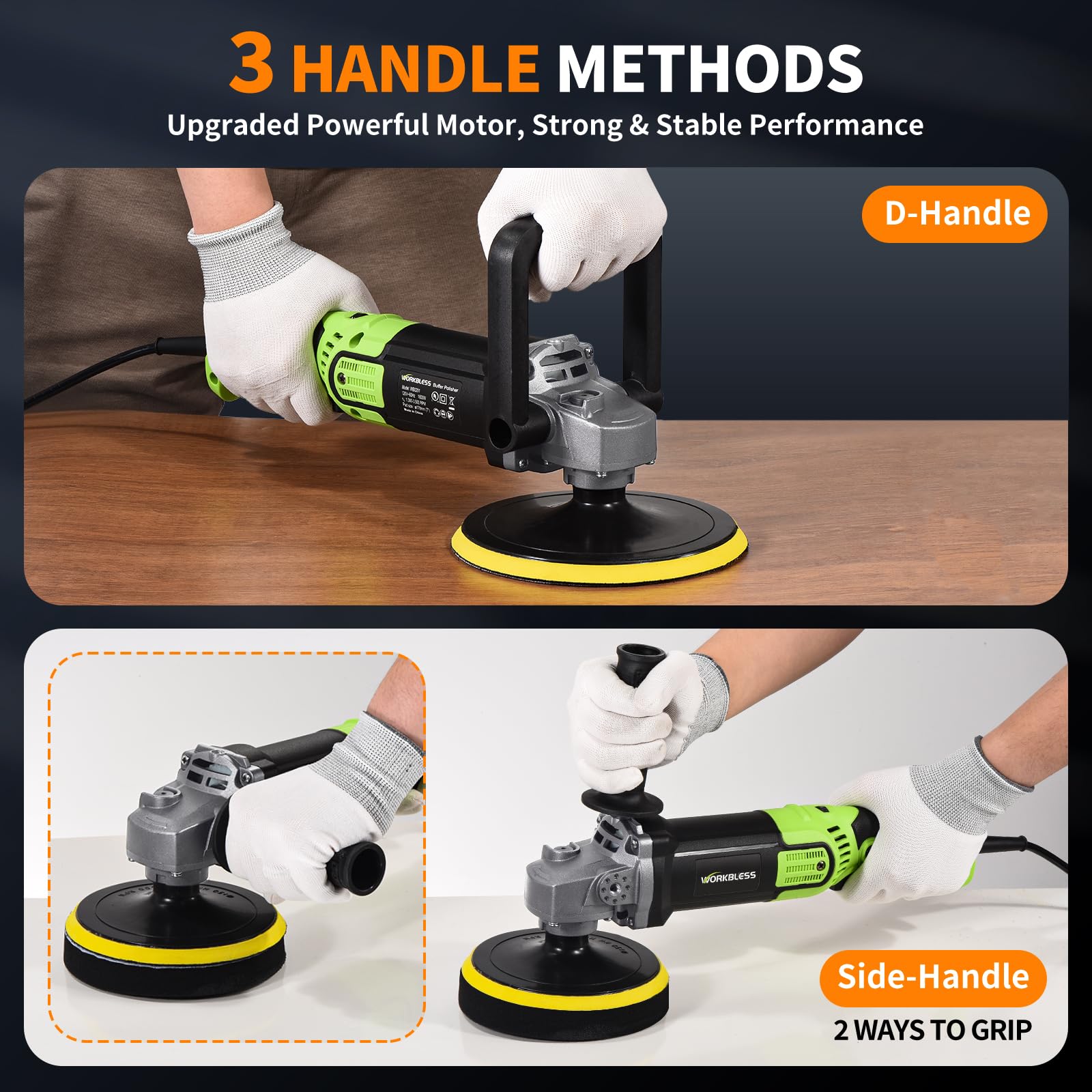 WorkBless Buffer Polisher three-handle mode for ergonomic grip.