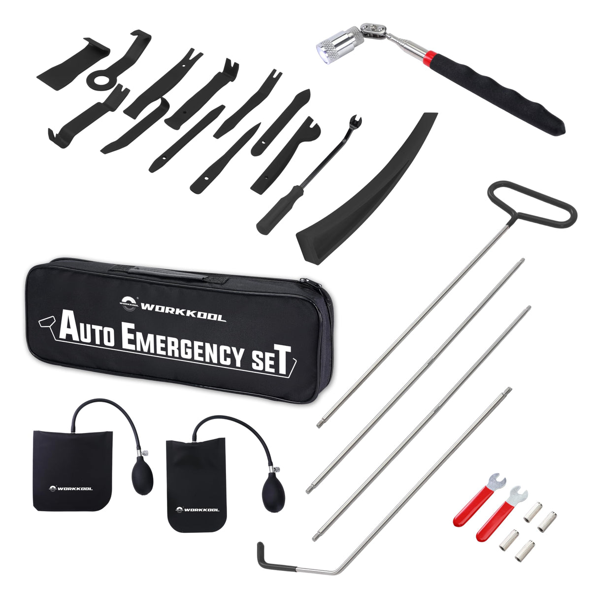 WORKKOOL long reach hook in stainless steel reaching under a car seat for retrieving parts.