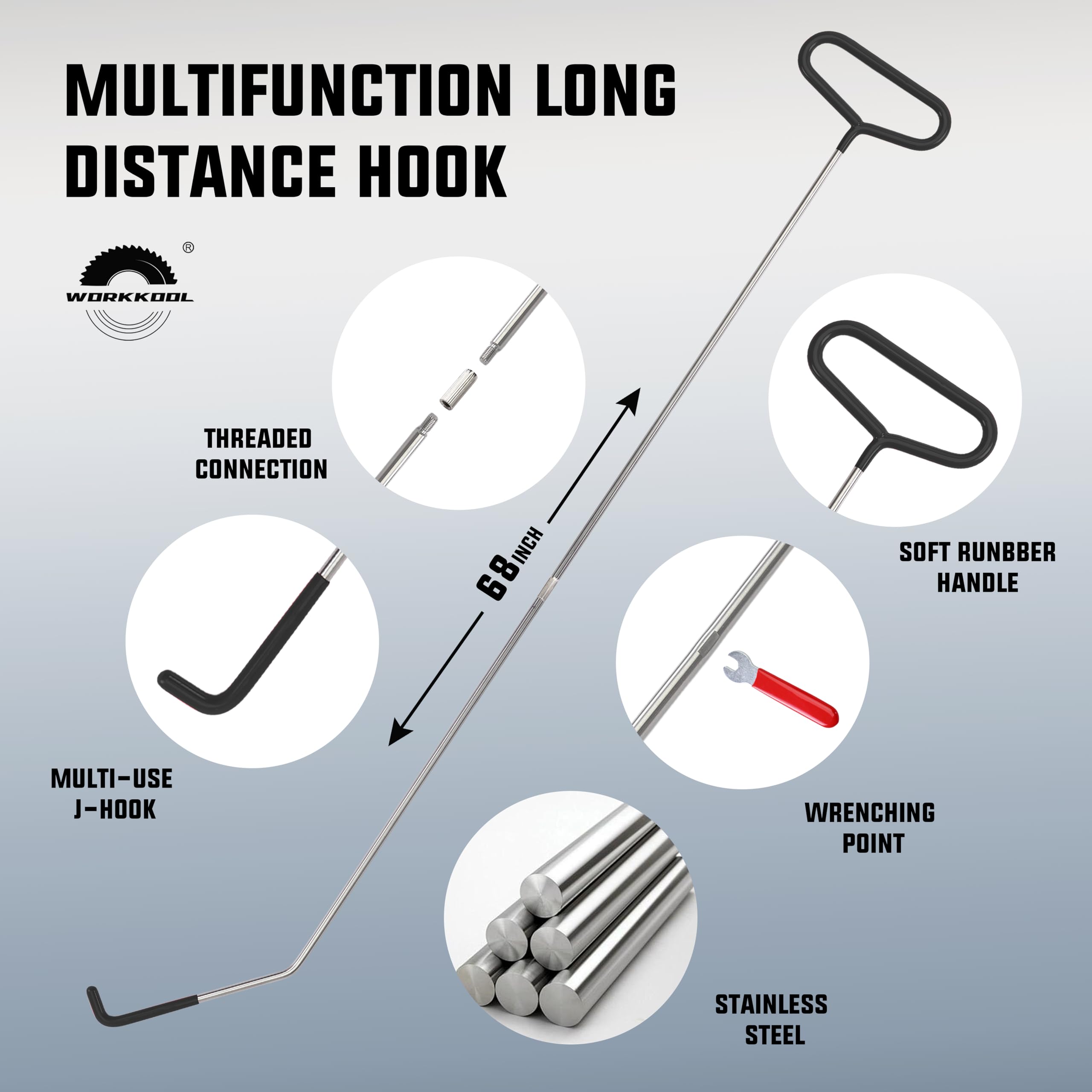 WORKKOOL magnetic pickup tool with flashlight used to locate a metal part in a tight space.