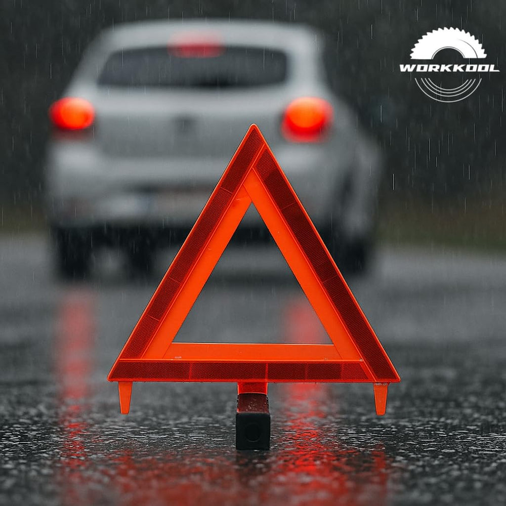 WORKKOOL roadside emergency triangles ready for car, truck, or motorcycle use.