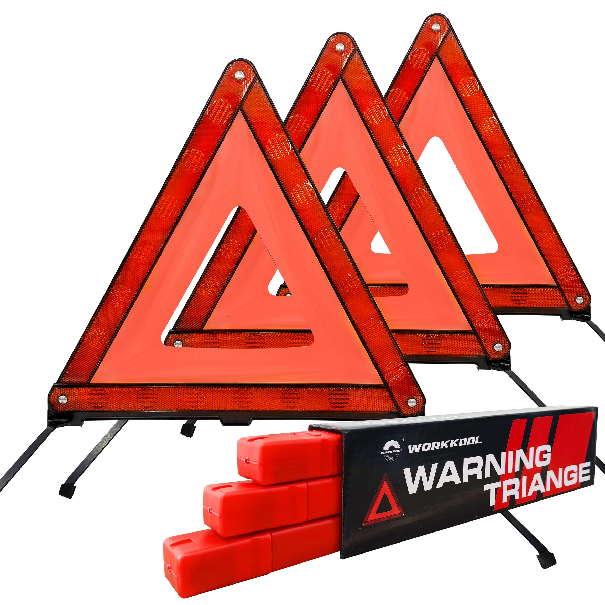 WORKKOOL safety triangles stored in a protective case for quick roadside access.