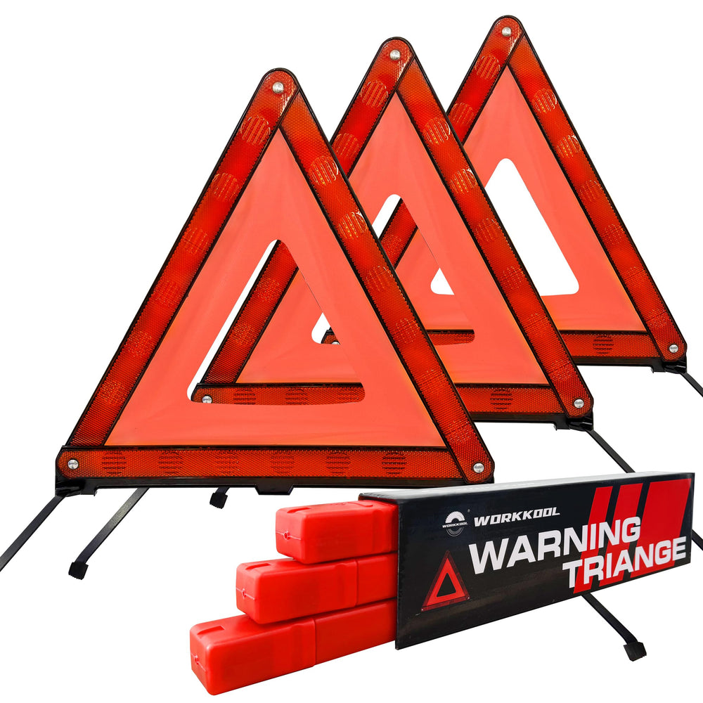 WORKKOOL safety triangles stored in a protective case for quick roadside access.