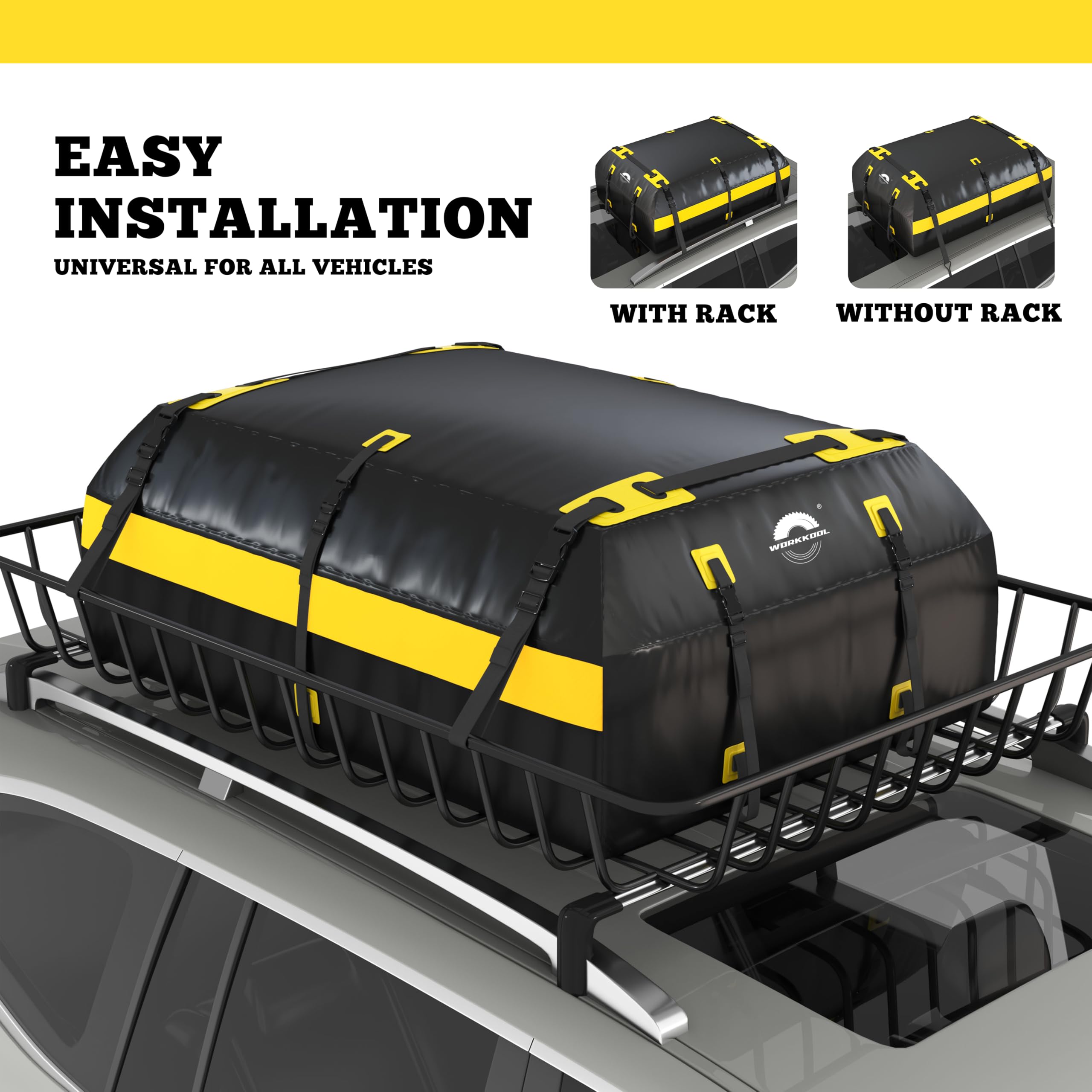 WORKKOOL waterproof car roof bag protects belongings from rain and road spray.
