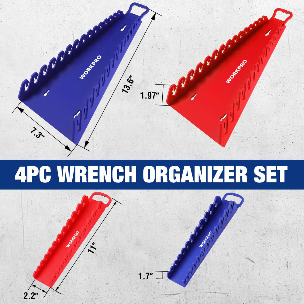 WORKPRO 15-slot blue wrench holder shows metric and SAE organization benefits.