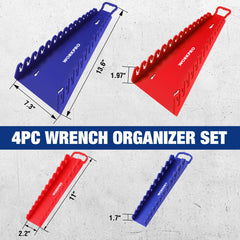 WORKPRO 15-slot blue wrench holder shows metric and SAE organization benefits.