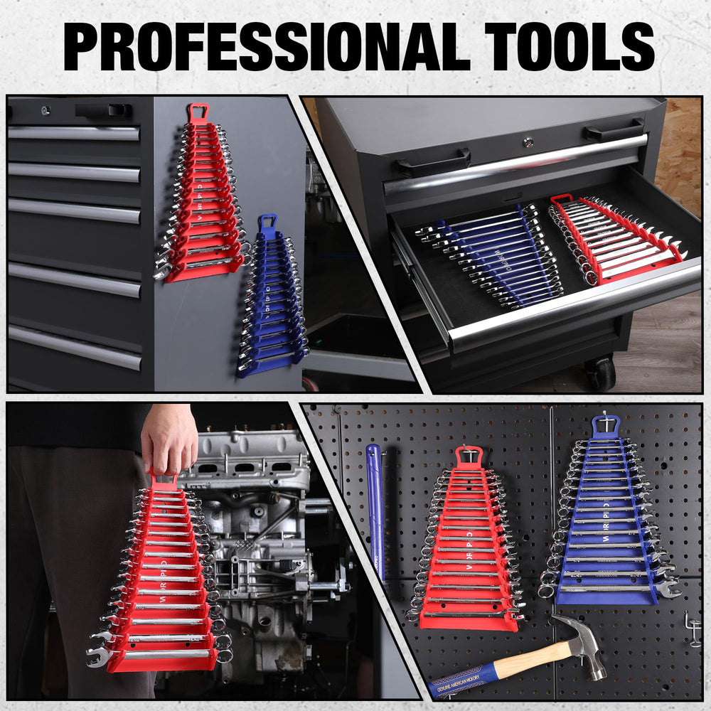 WORKPRO two-pack wrench organizers offering color options for quick visual separation.