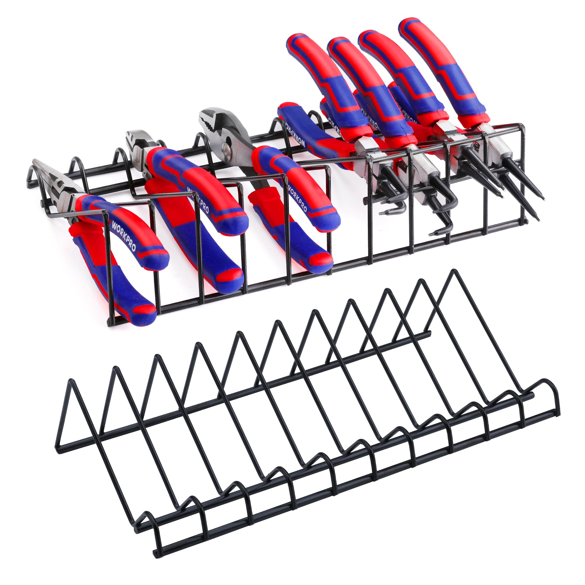 WORKPRO 2-pack plier organizer rack in-drawer front view for quick tool access.