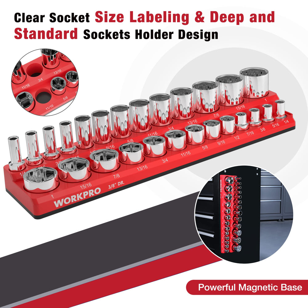 WORKPRO 3/8-inch drive organizer fits standard and deep sockets for versatility