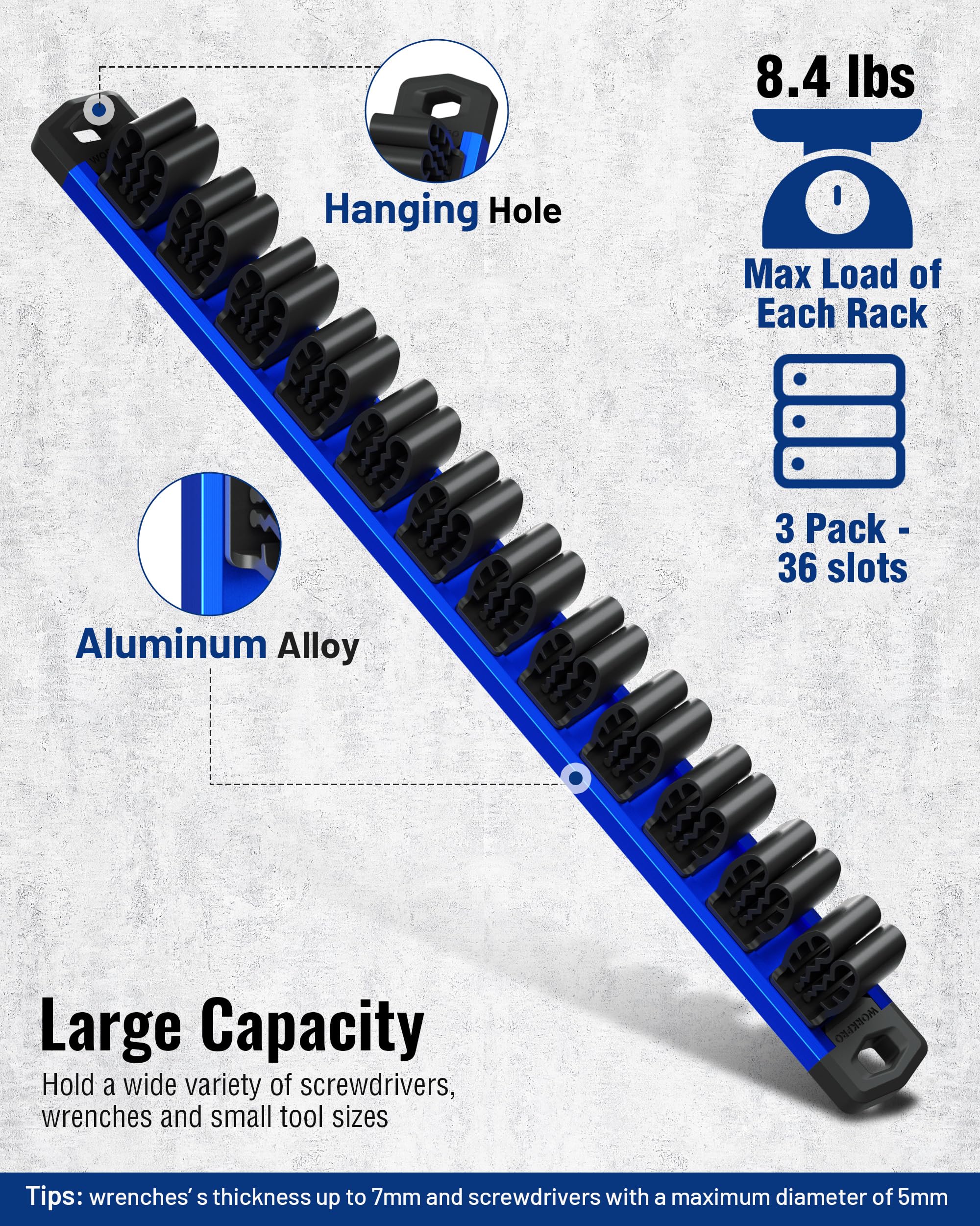 WorkPro 36-slot screwdriver and wrench holder keeps tools visible.