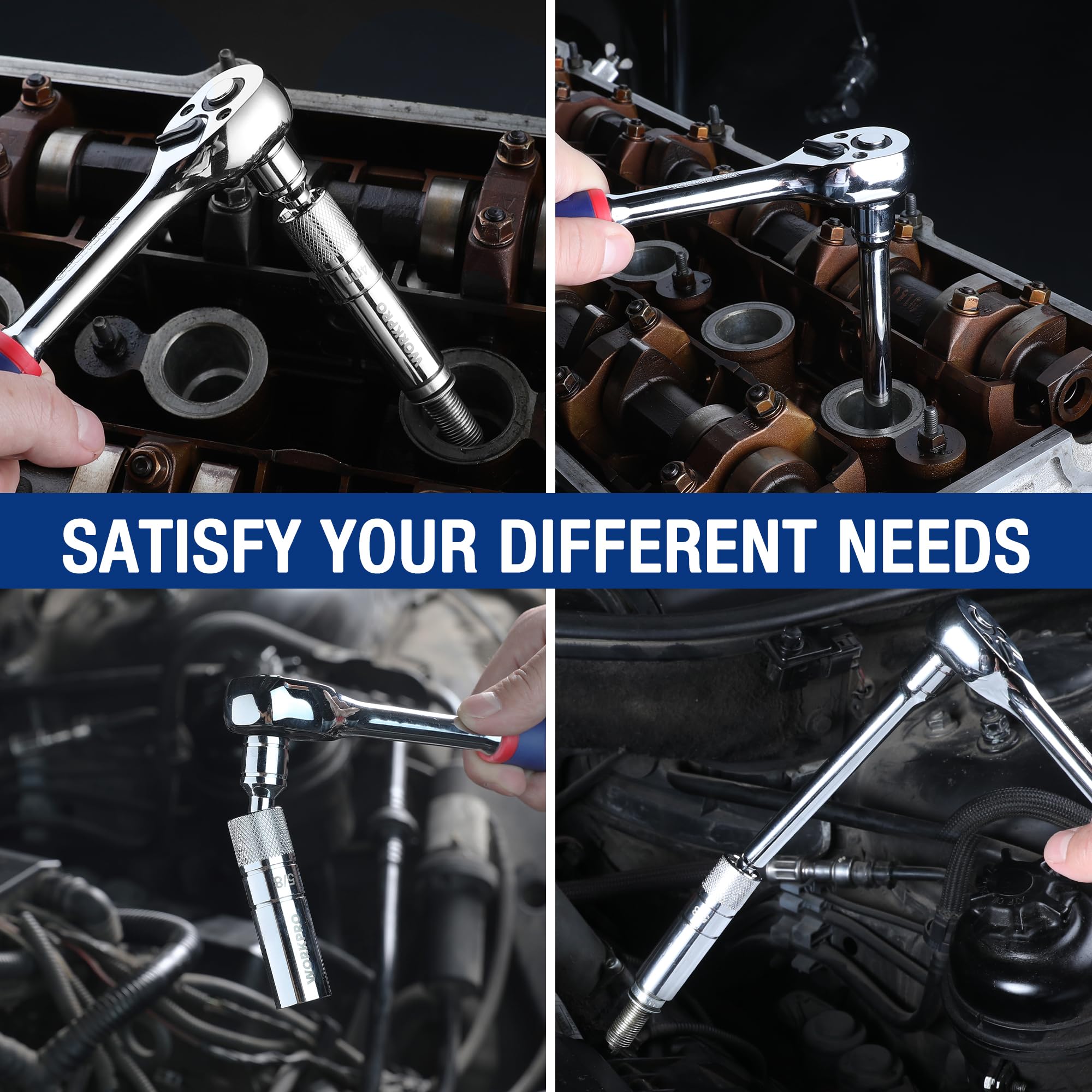 WORKPRO 360-degree swivel action demonstrated in tight engine bays.