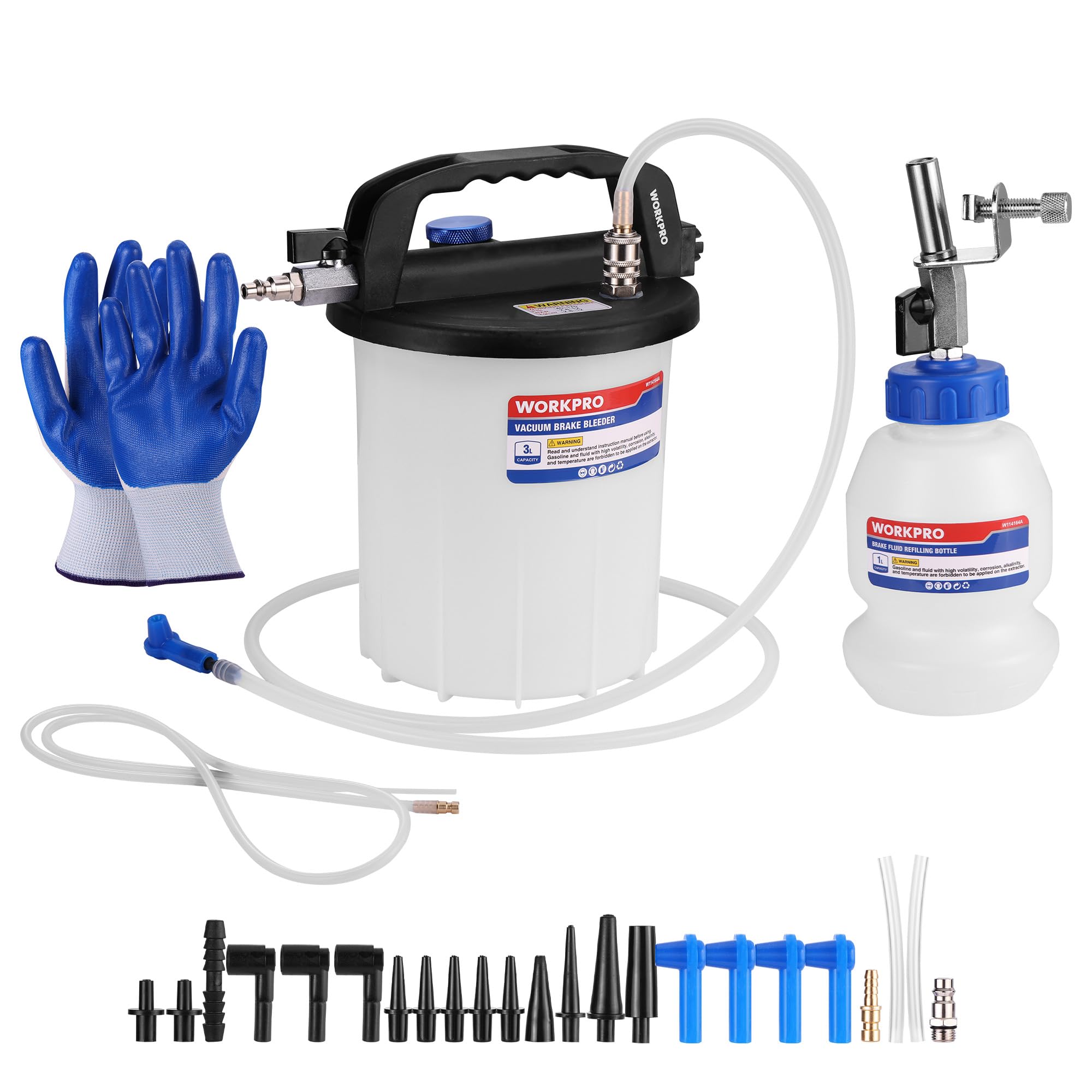 WORKPRO 3L vacuum brake bleeder kit with large reservoir for faster one-person brake changes.