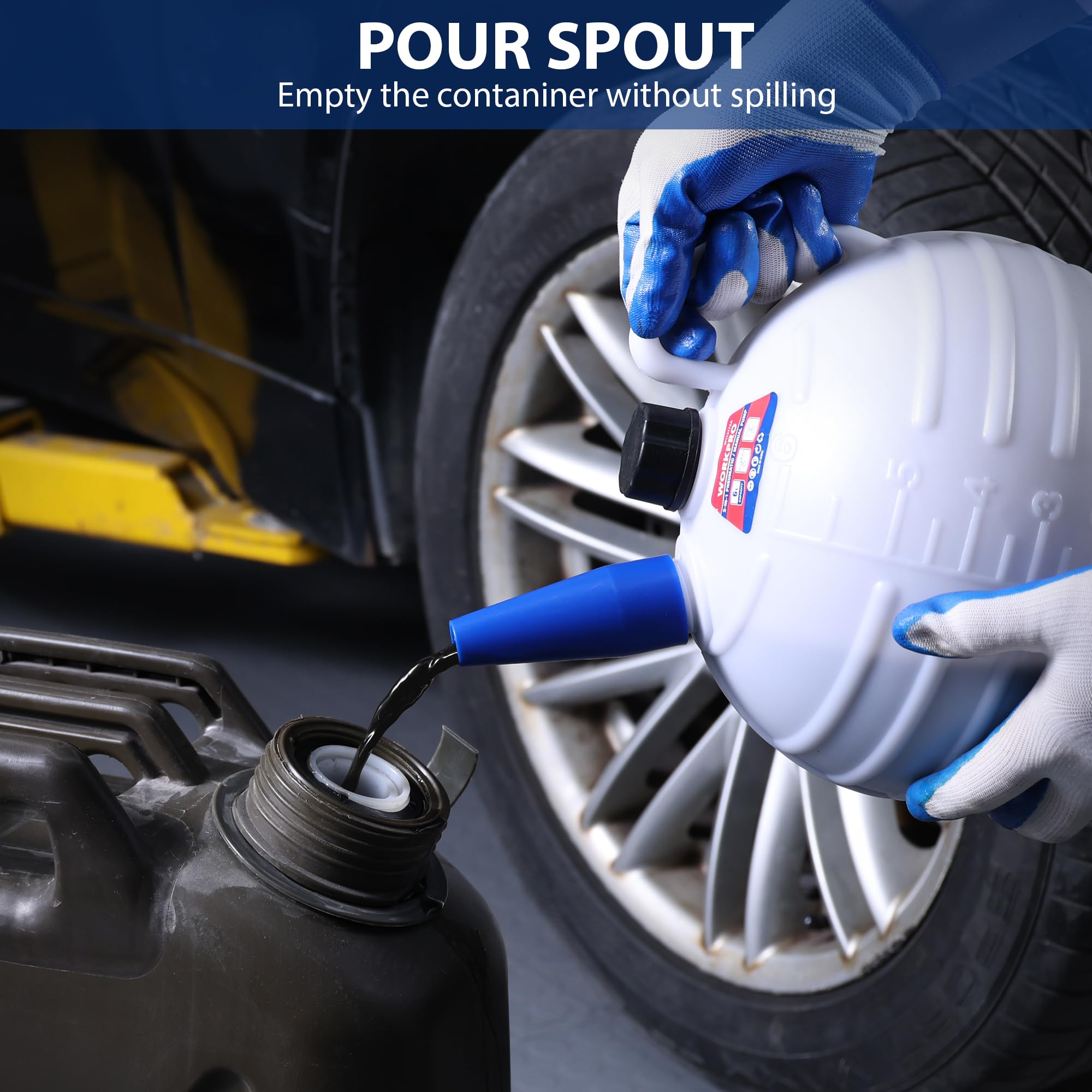 WORKPRO wide base and spout for stable, mess-free pouring