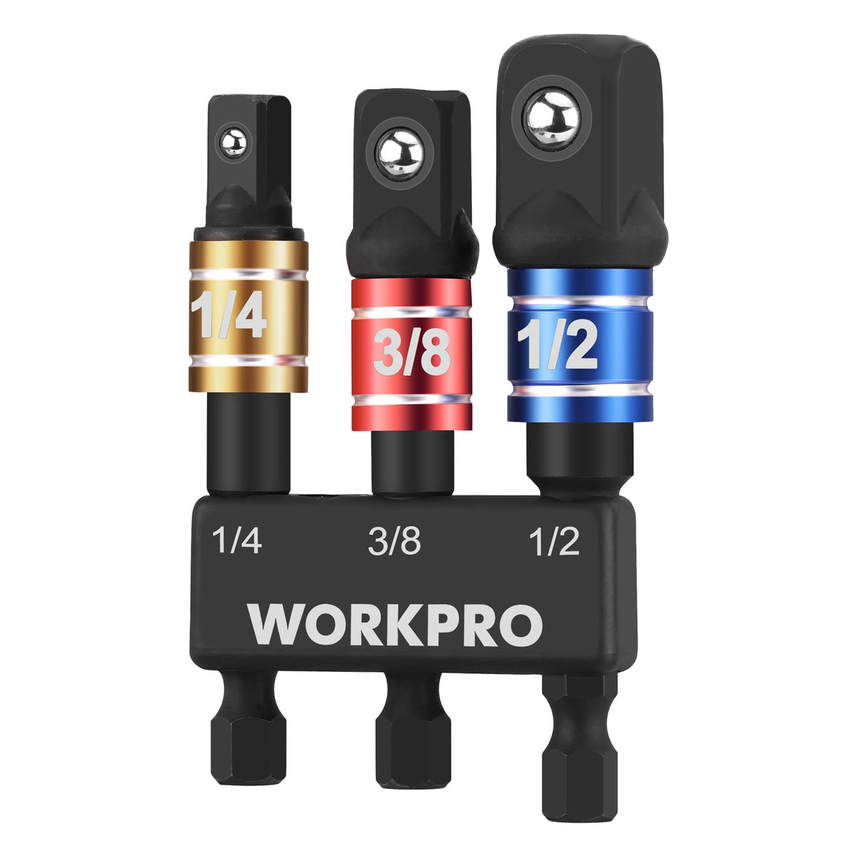 WORKPRO adapter set front view showing three sizes and holder benefit organization