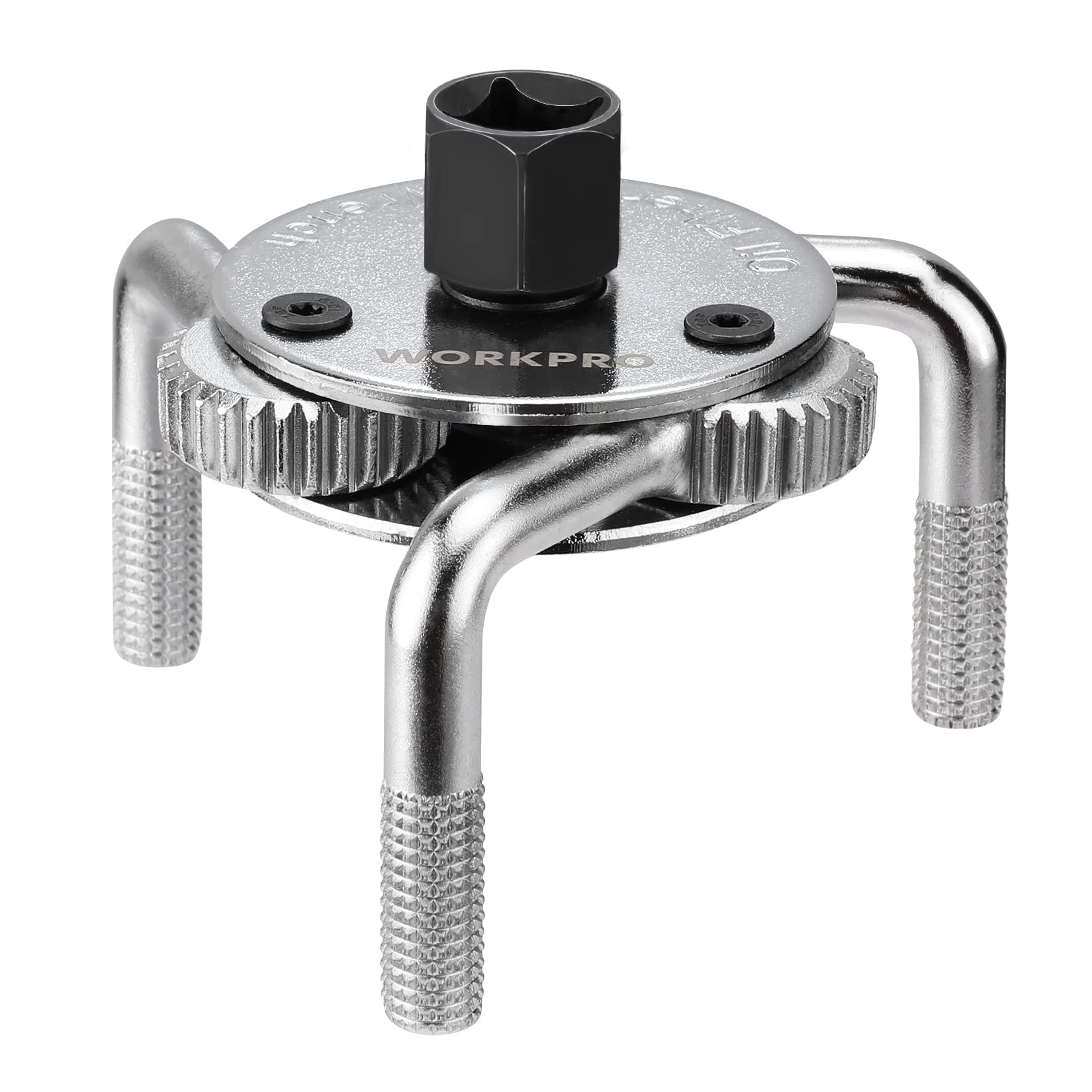 WORKPRO adjustable oil filter wrench demonstrates universal size range for quick removal.