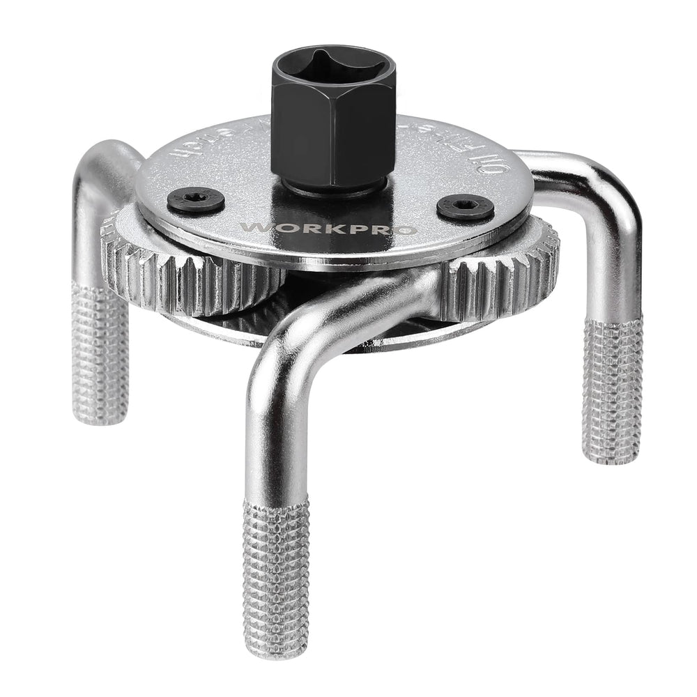 WORKPRO adjustable oil filter wrench demonstrates universal size range for quick removal.