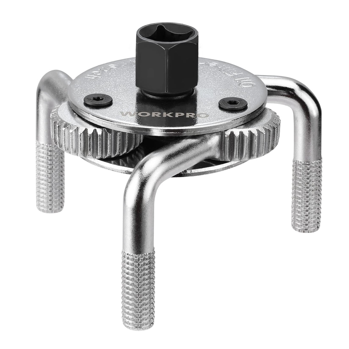 WORKPRO adjustable oil filter wrench demonstrates universal size range for quick removal.