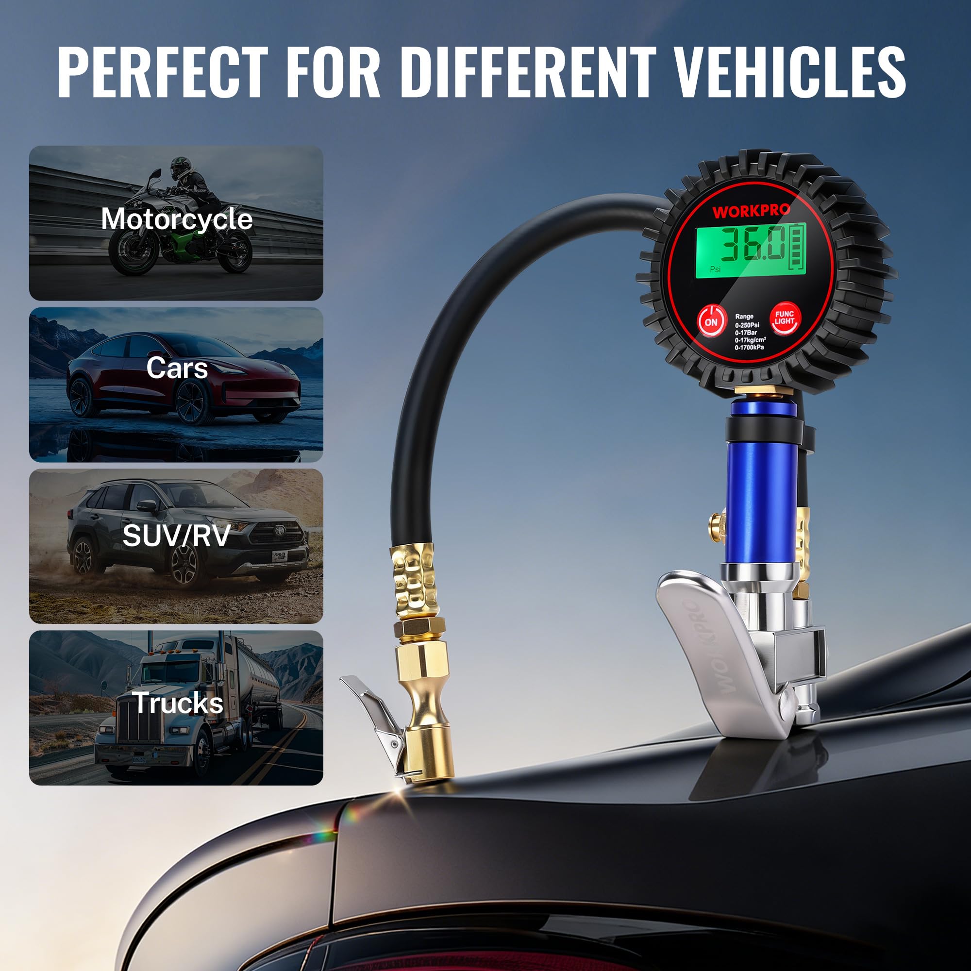 WORKPRO gauge features auto shut-off and backlight for easy reading in low light.