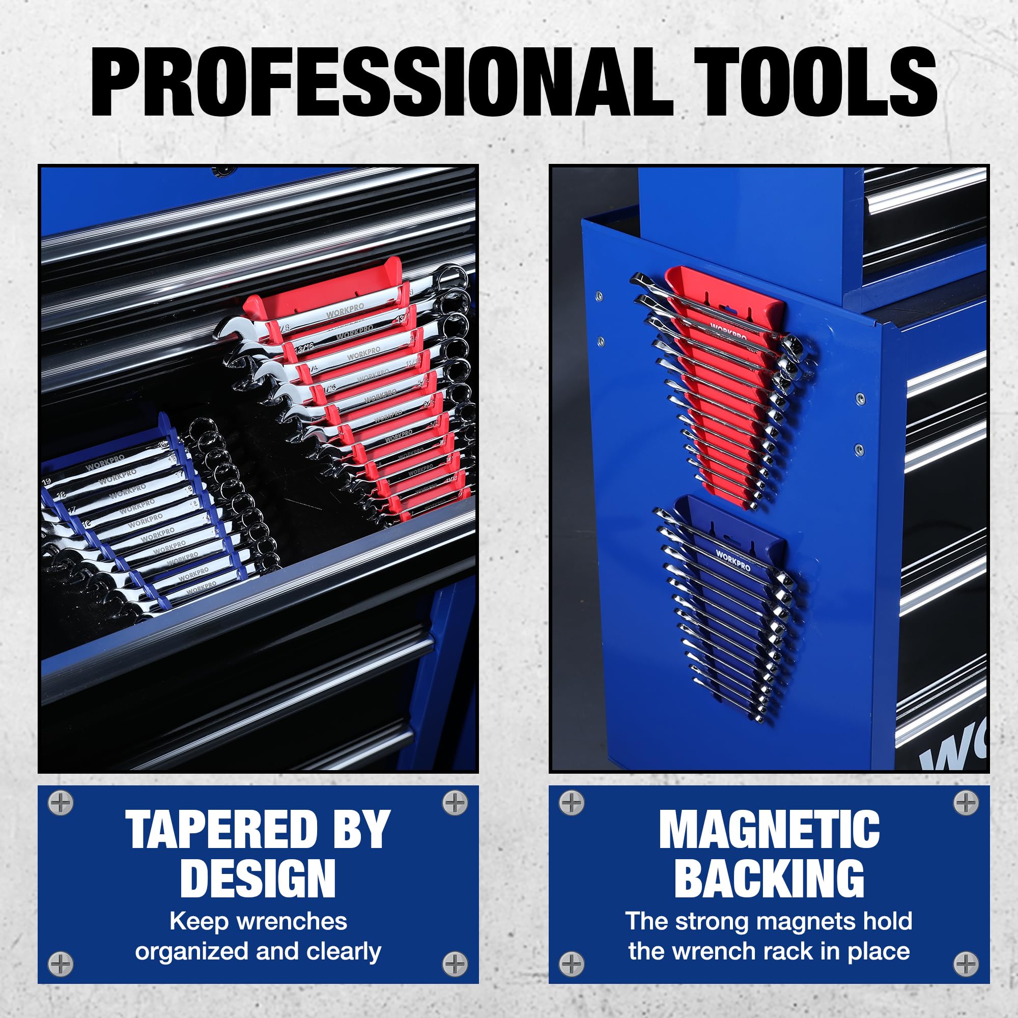 WorkPRO wrench rack notches permit easy pickup and return.