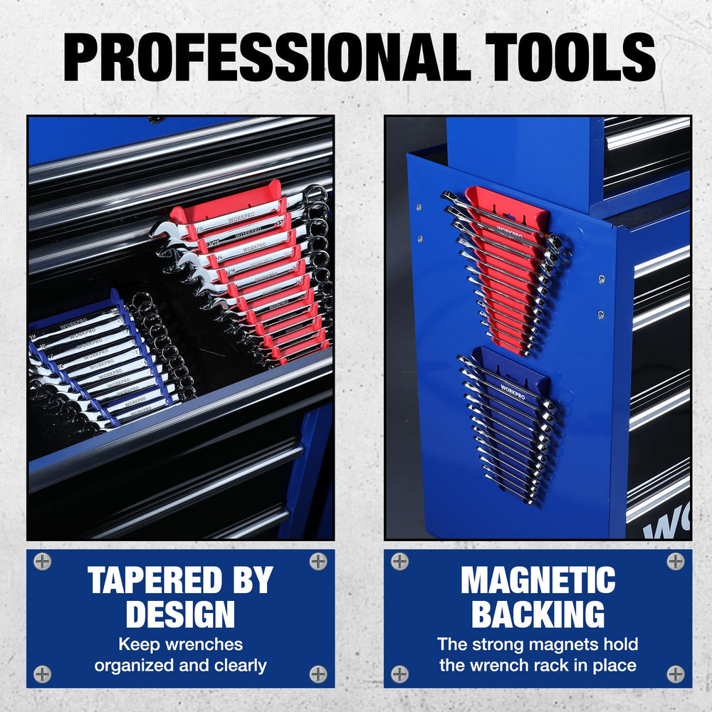 WorkPRO wrench rack notches permit easy pickup and return.