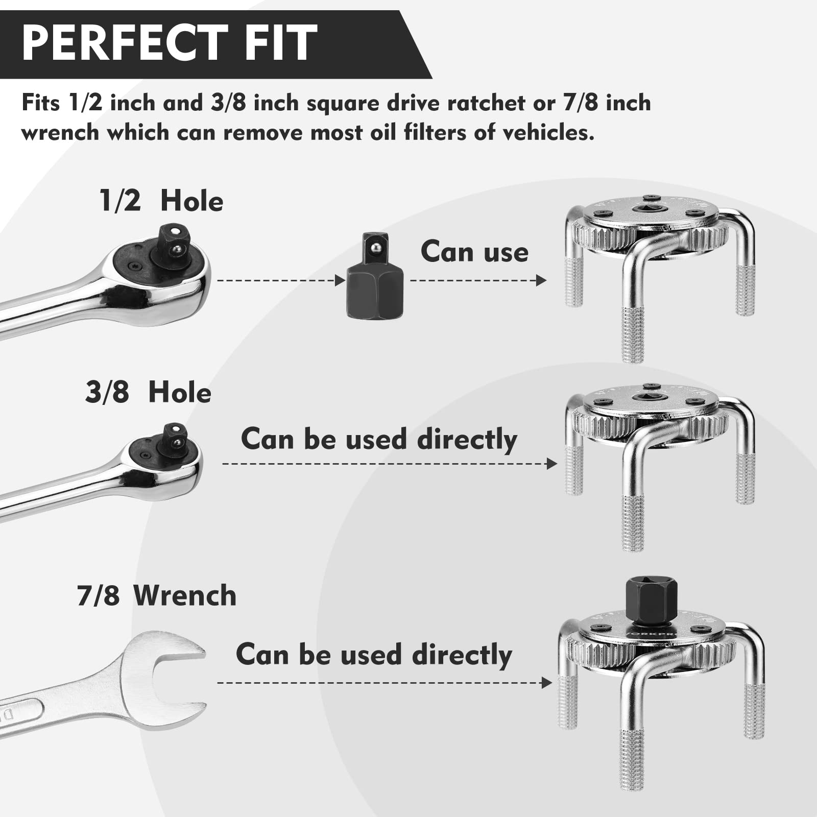 WORKPRO compatible with 3/8 and 1/2 inch ratchets for flexible setups.