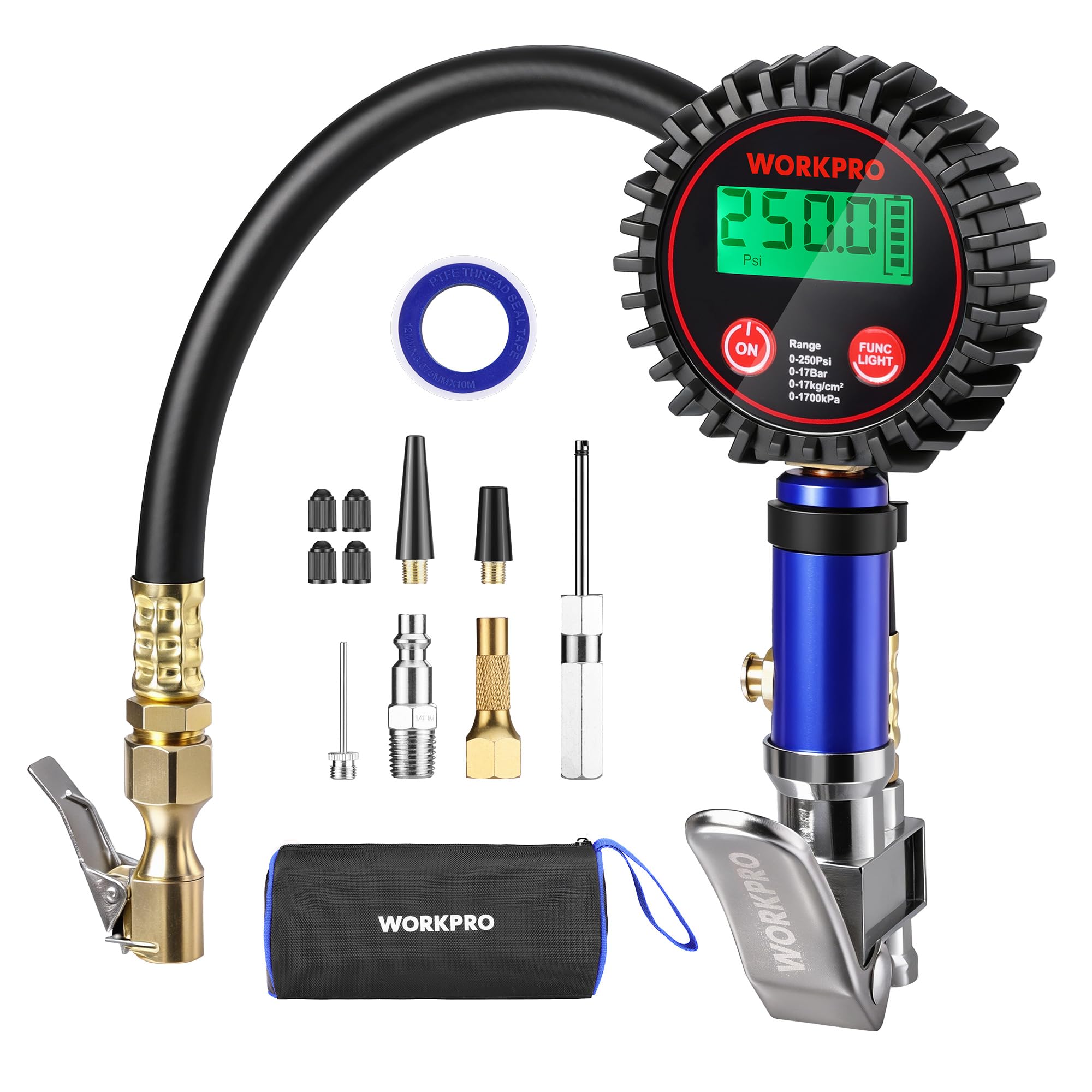 WORKPRO digital tire pressure gauge with inflator display shows precise 0.1 PSI readings for quick checks.