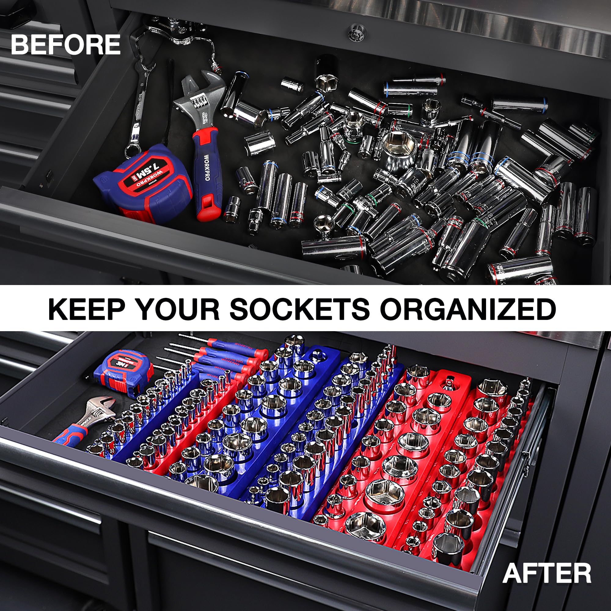 WORKPRO tray can be drawer-mounted or attached to steel surfaces for easy reach