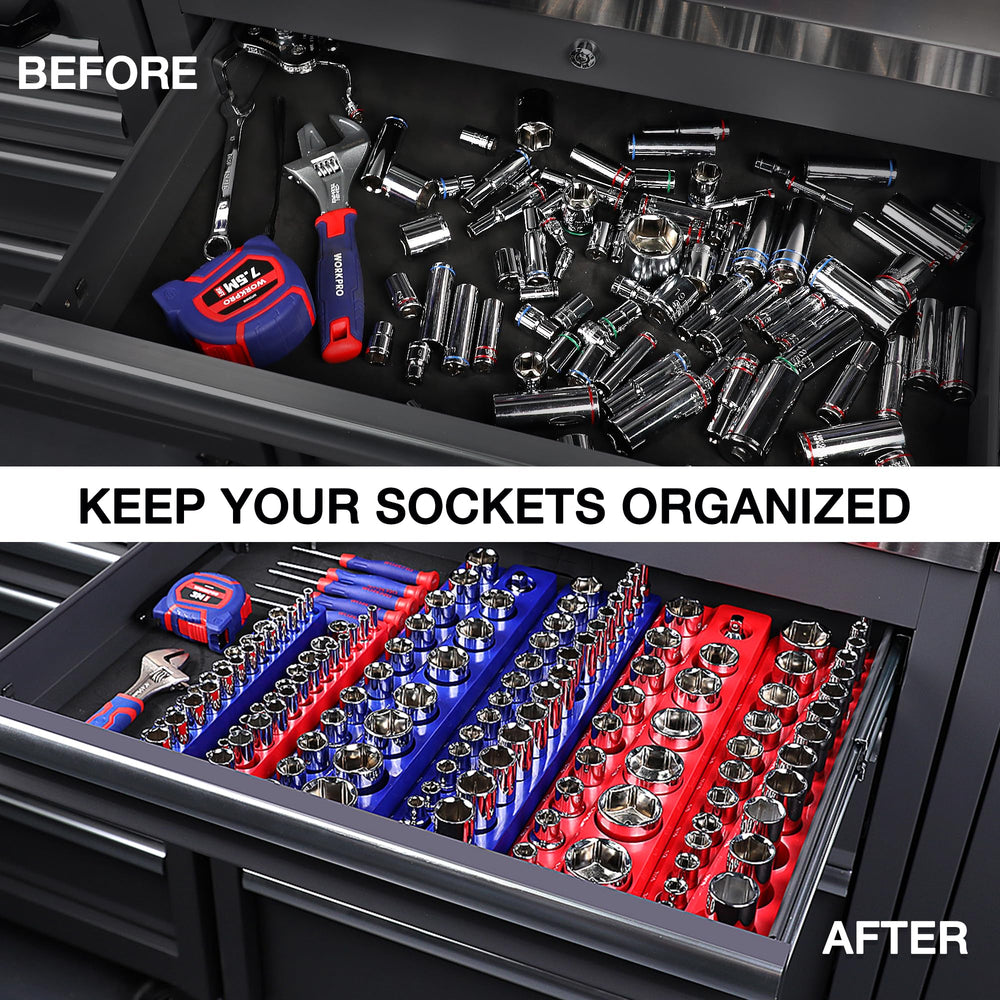 WORKPRO tray can be drawer-mounted or attached to steel surfaces for easy reach