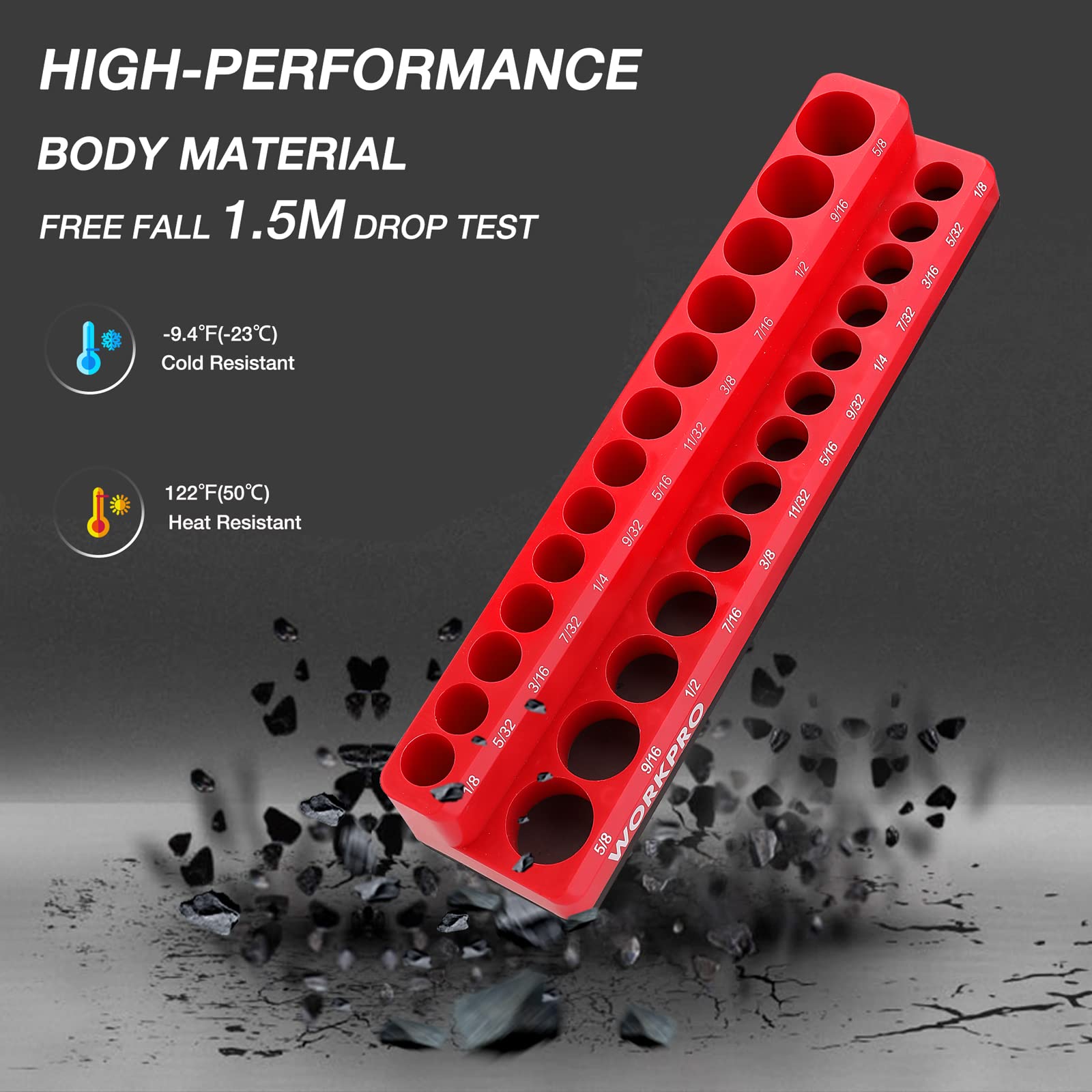 WORKPRO durable plastic construction provides long-lasting socket storage.