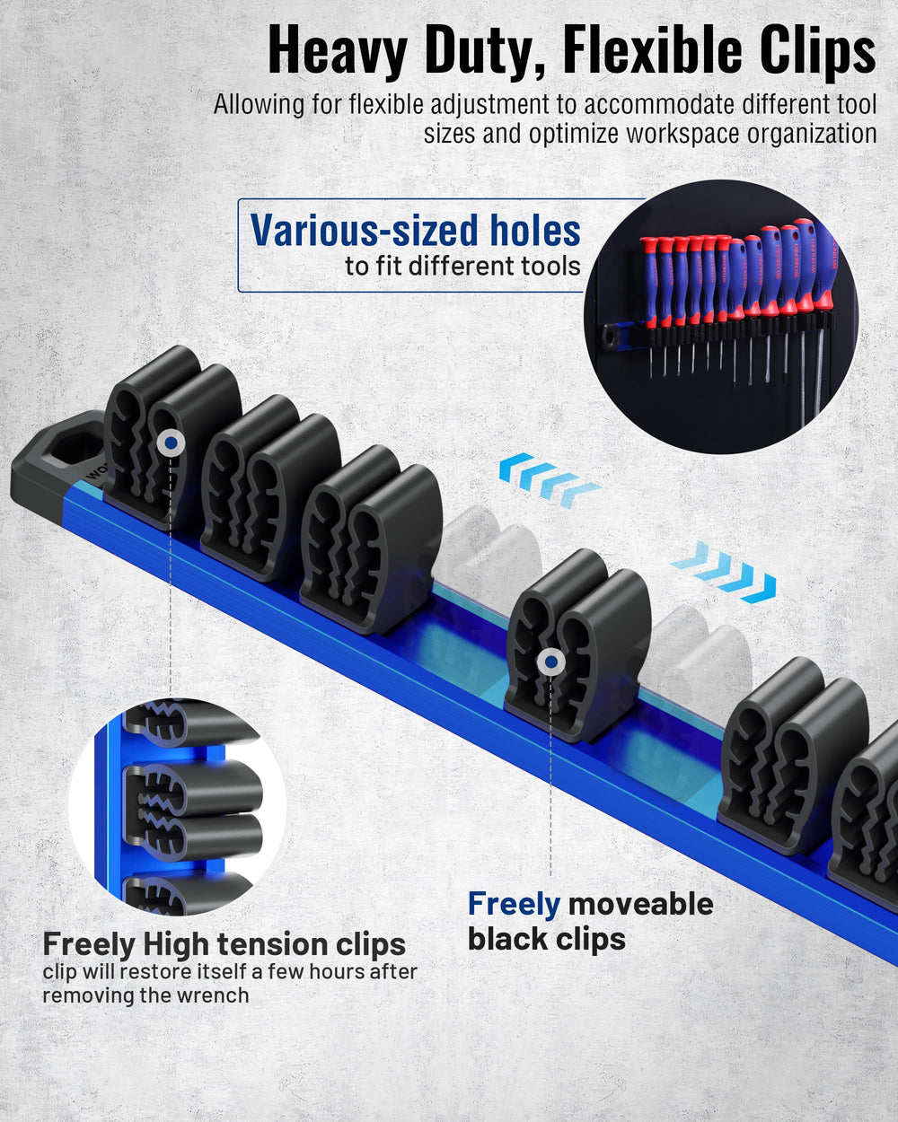 WorkPro flexible high-tension tool clips grip varied tool sizes firmly.