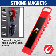 WORKPRO magnetic base and flexible teeth for stable wrench storage.