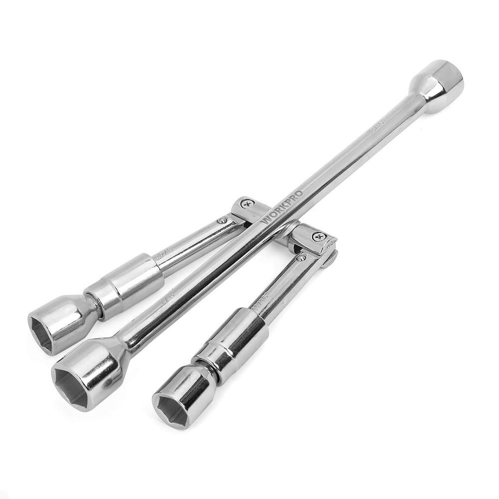 WorkPro 14-inch folding lug wrench open for compact storage and quick access.