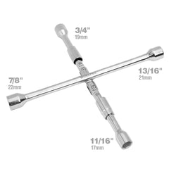 WorkPro 4-way cross lug wrench in use for versatile lug nut sizes.