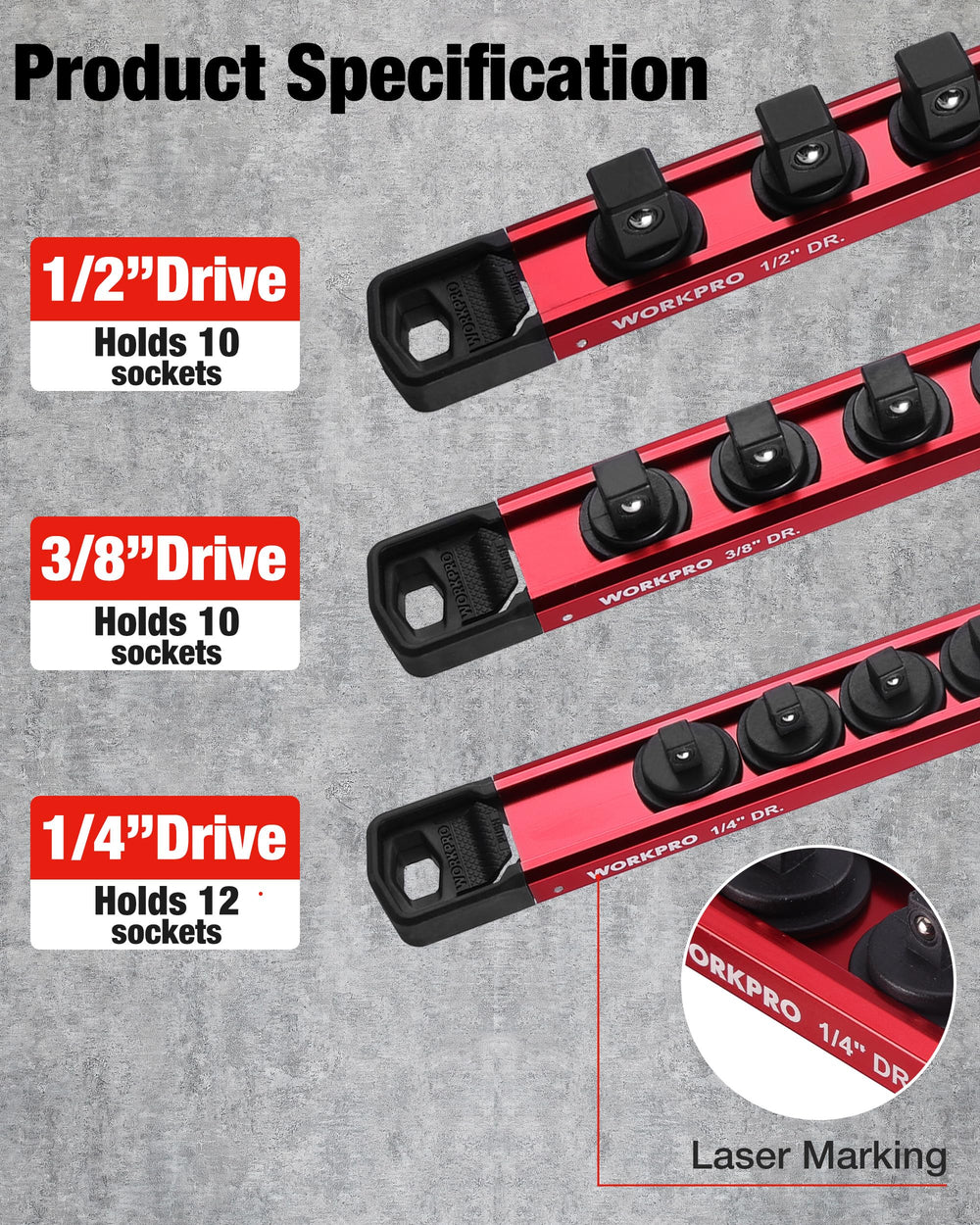 WORKPRO large-capacity rail holds multiple sockets with 14 clips