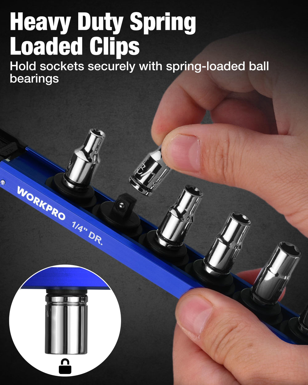 WORKPRO large-capacity storage holds multiple sizes with a modular clip system.